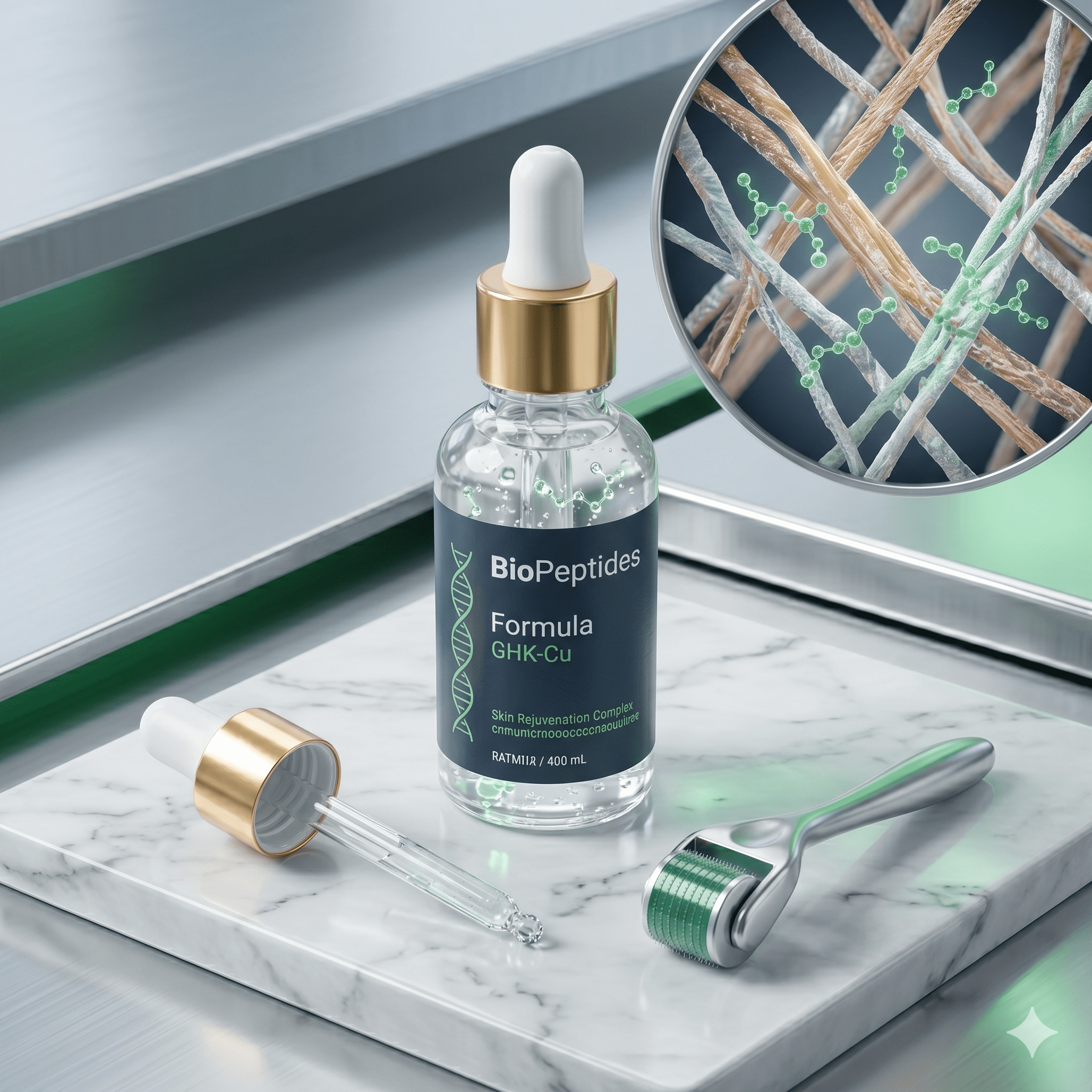 Hyaluronzuur serum met pipet en huidverzorgingsroller op een marmeren ondergrond.