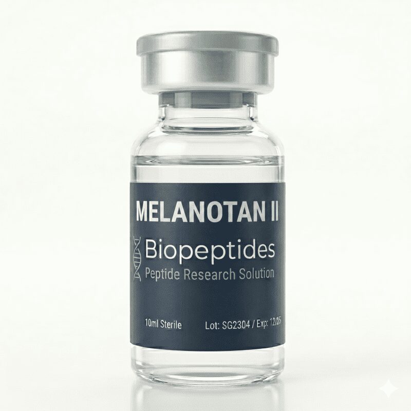 Flesje melanotan peptide met injectienaald op een witte achtergrond.