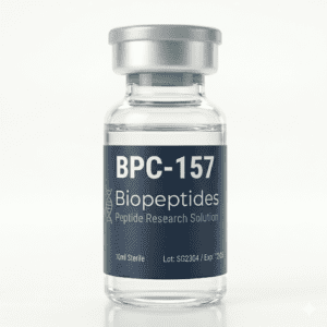 Glazen injectieflesje met BPC-157 peptide voor onderzoek en herstel.