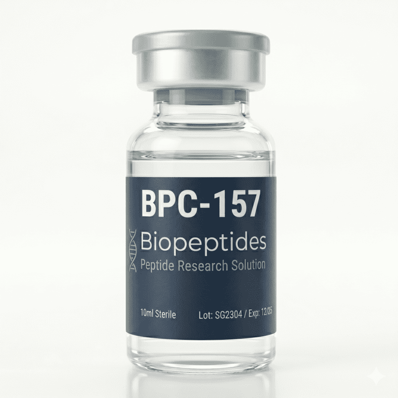 Glazen injectieflesje met BPC-157 peptide voor onderzoek en herstel.