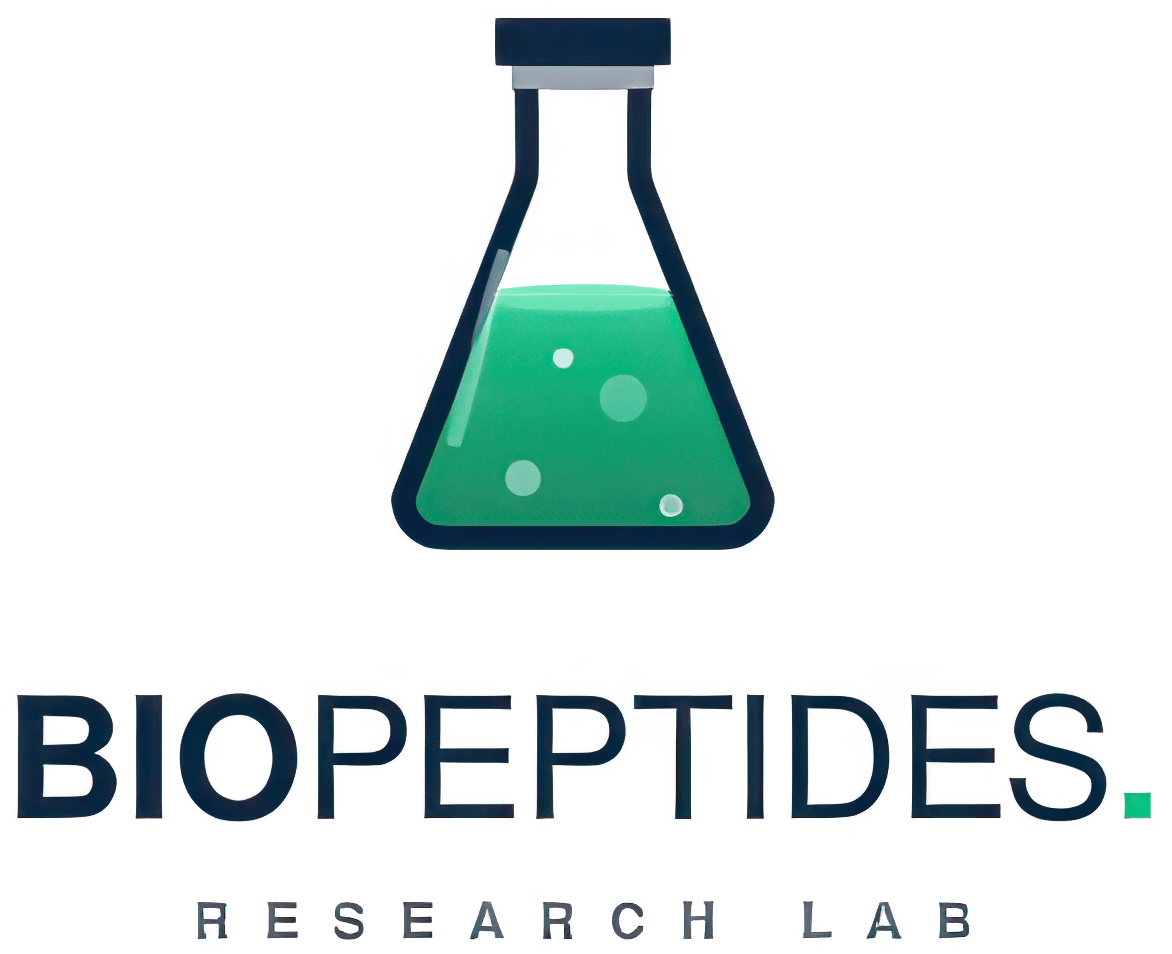 Laboratoriumlogo van BioPeptides.nl met een chemisch flesje voor wetenschappelijk onderzoek.
